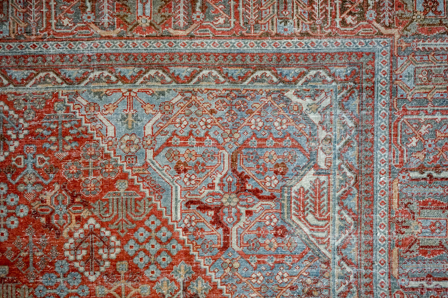 8’9 x 12’ Classic Vintage Rug Muted  Warm Red + Blue & Sea Green Carpet