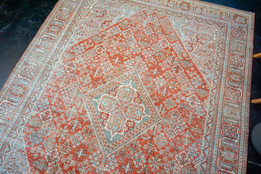 8’9 x 12’ Classic Vintage Rug Muted  Warm Red + Blue & Sea Green Carpet
