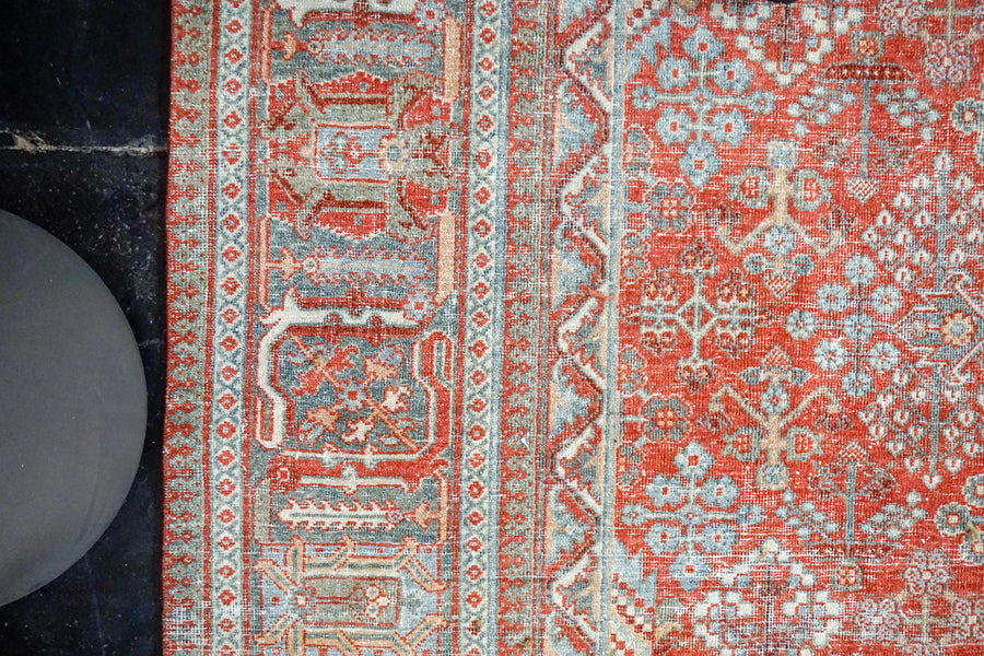 8’9 x 12’ Classic Vintage Rug Muted  Warm Red + Blue & Sea Green Carpet