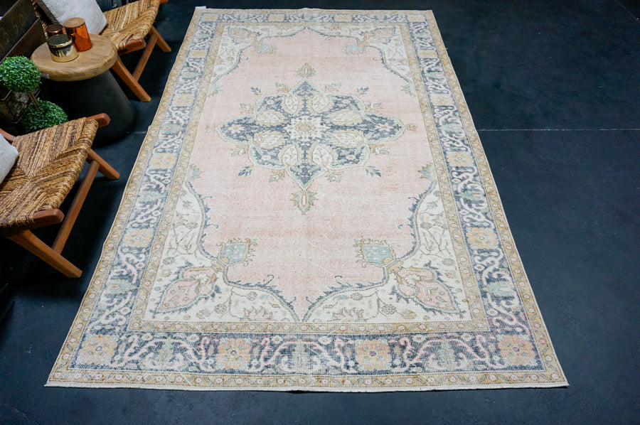 6’1 x 10’1 Vintage Oushak Rug Muted Pink, Navy Blue & Green