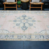 6’1 x 10’1 Vintage Oushak Rug Muted Pink, Navy Blue & Green