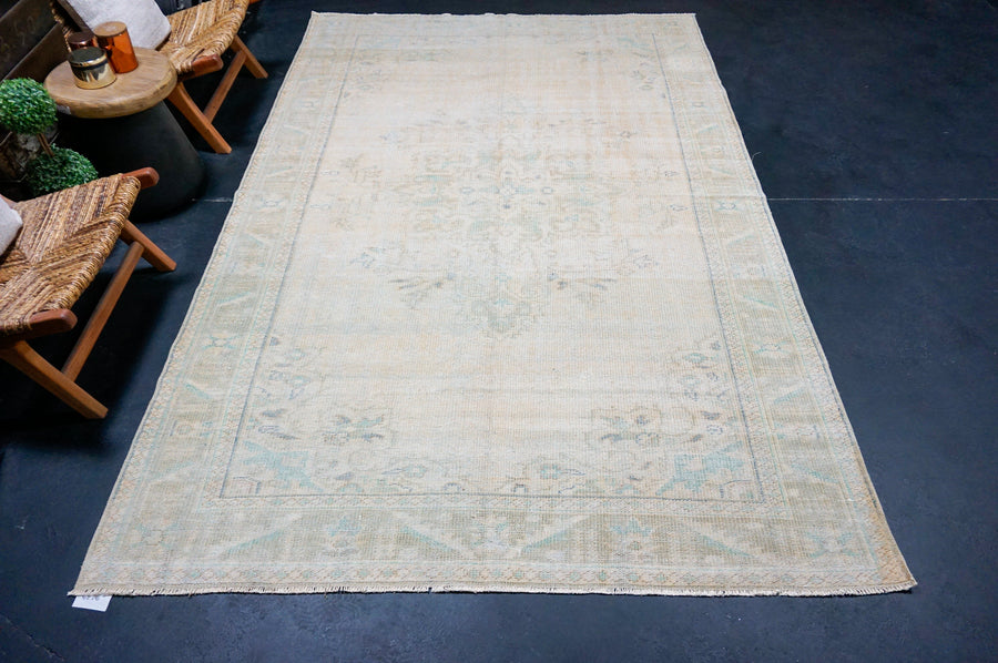 6’2 x 10’ Vintage Oushak Rug Muted Beige, Blue & Teal
