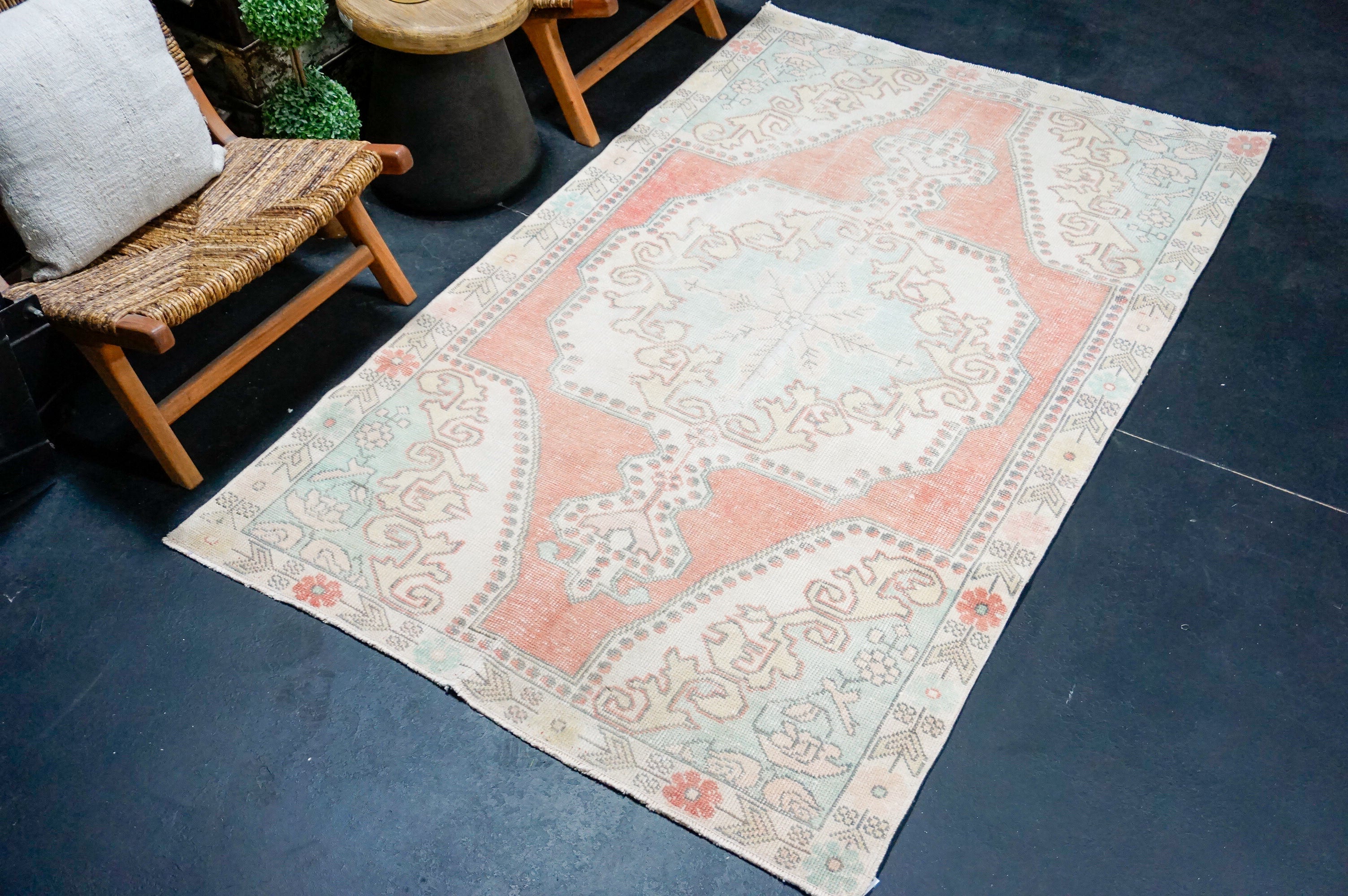 4’5 x 7’4 Vintage Oushak Rug Muted Terra Cotta, Mint Green & Beige '4386 Linda's Barn