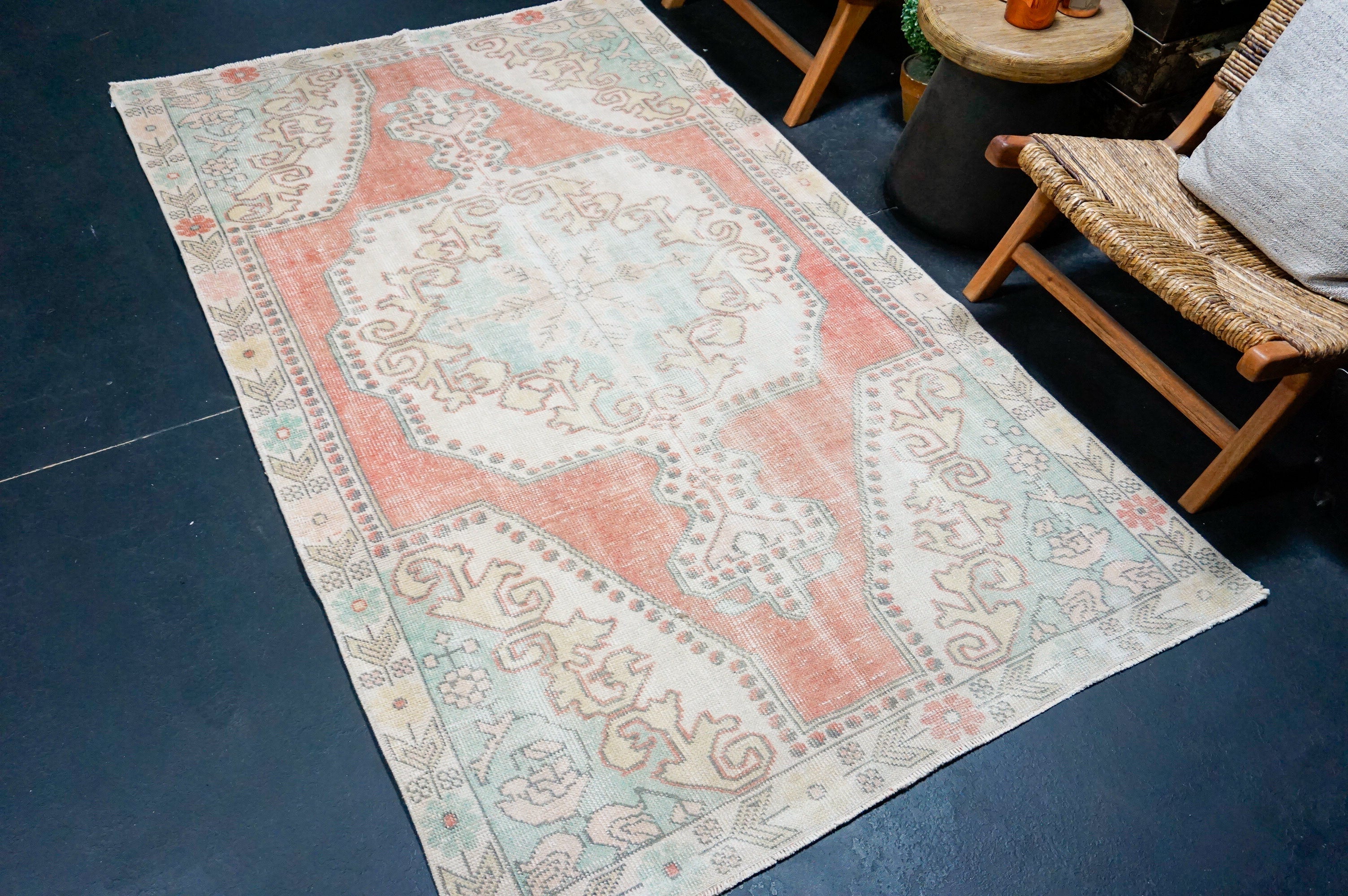 4’5 x 7’4 Vintage Oushak Rug Muted Terra Cotta, Mint Green & Beige '4386 Linda's Barn