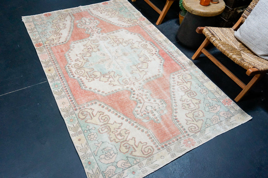 4’5 x 7’4 Vintage Oushak Rug Muted Terra Cotta, Mint Green & Beige