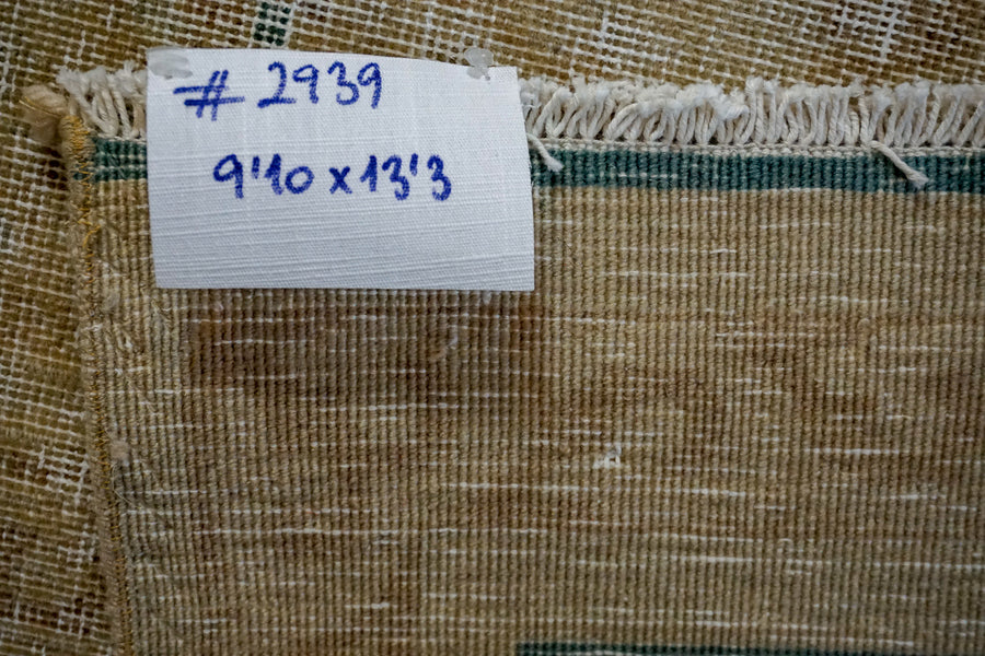9’10 x 13’3 Vintage Persian Kirman Linen-Beige and Dark Seafoam Green