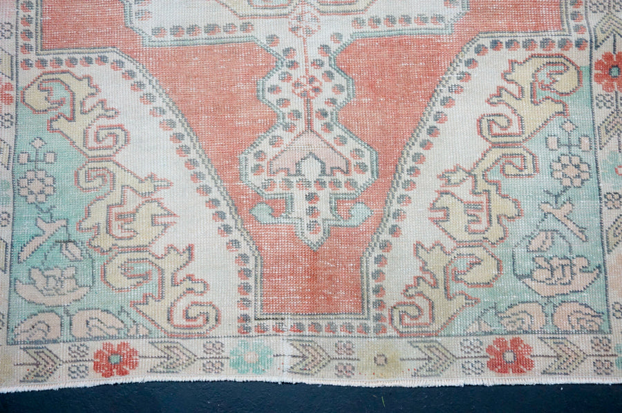 4’5 x 7’4 Vintage Oushak Rug Muted Terra Cotta, Mint Green & Beige