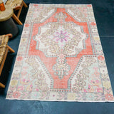 4’6 x 7’2 Vintage Oushak Rug Muted Coral Red, Sea Foam & Beige