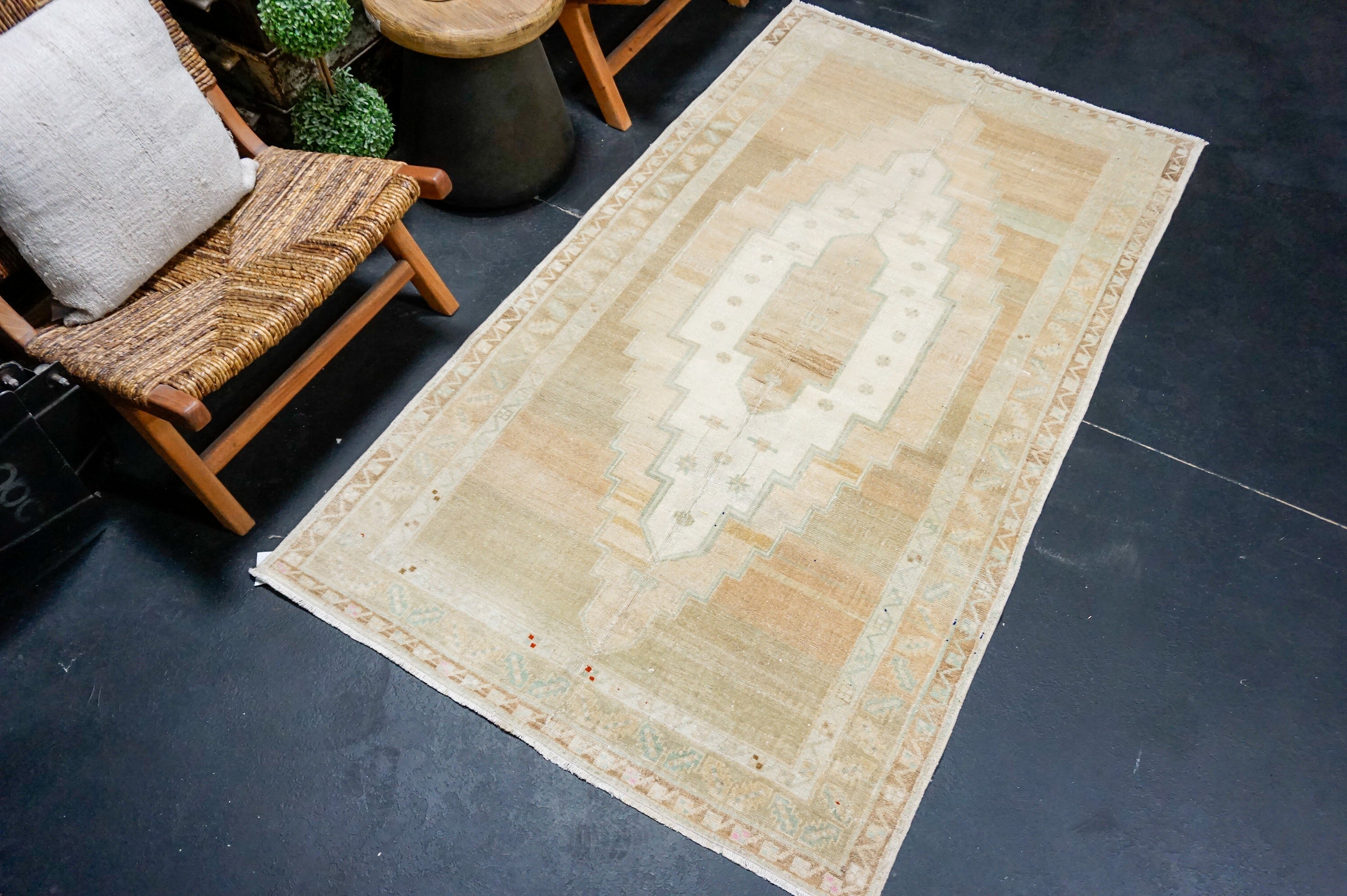 3’9 x 6’8 Vintage Milas Rug Muted Greens, Camel & Beige '4140 Linda's Barn