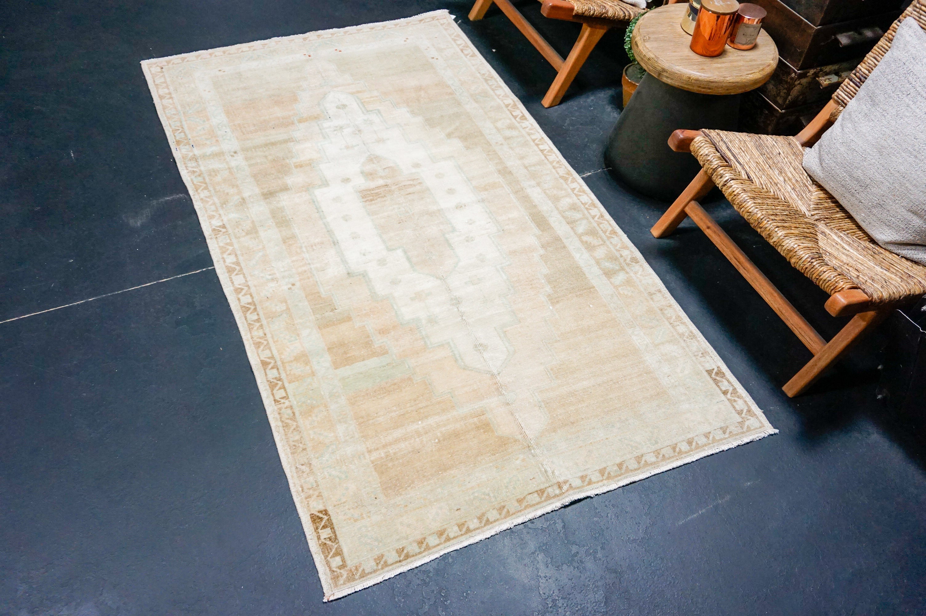 3’9 x 6’8 Vintage Milas Rug Muted Greens, Camel & Beige '4140 Linda's Barn