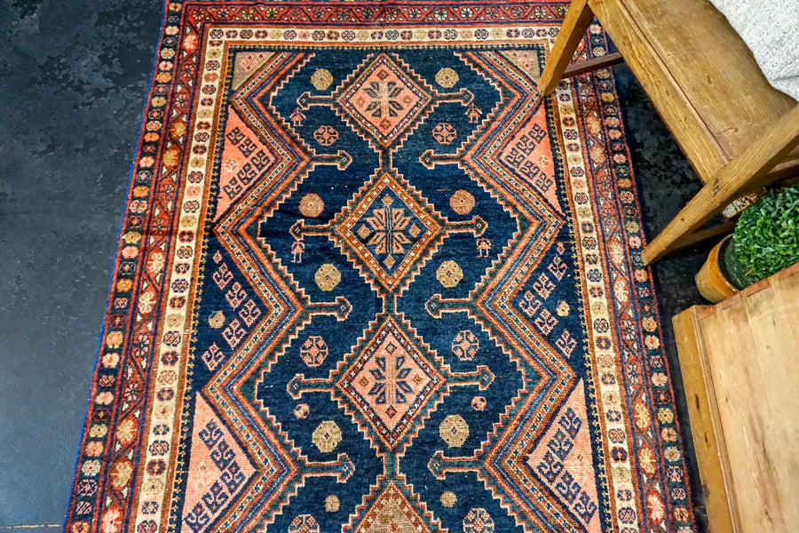 4’2 x 10’6 Vintage Hamadan Runner Blues and Reds