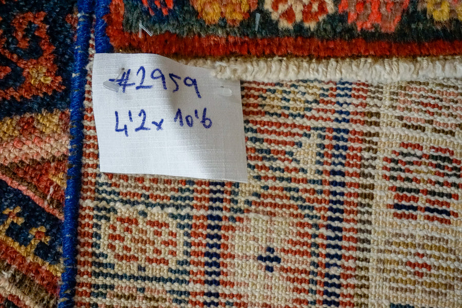 4’2 x 10’6 Vintage Hamadan Runner Blues and Reds