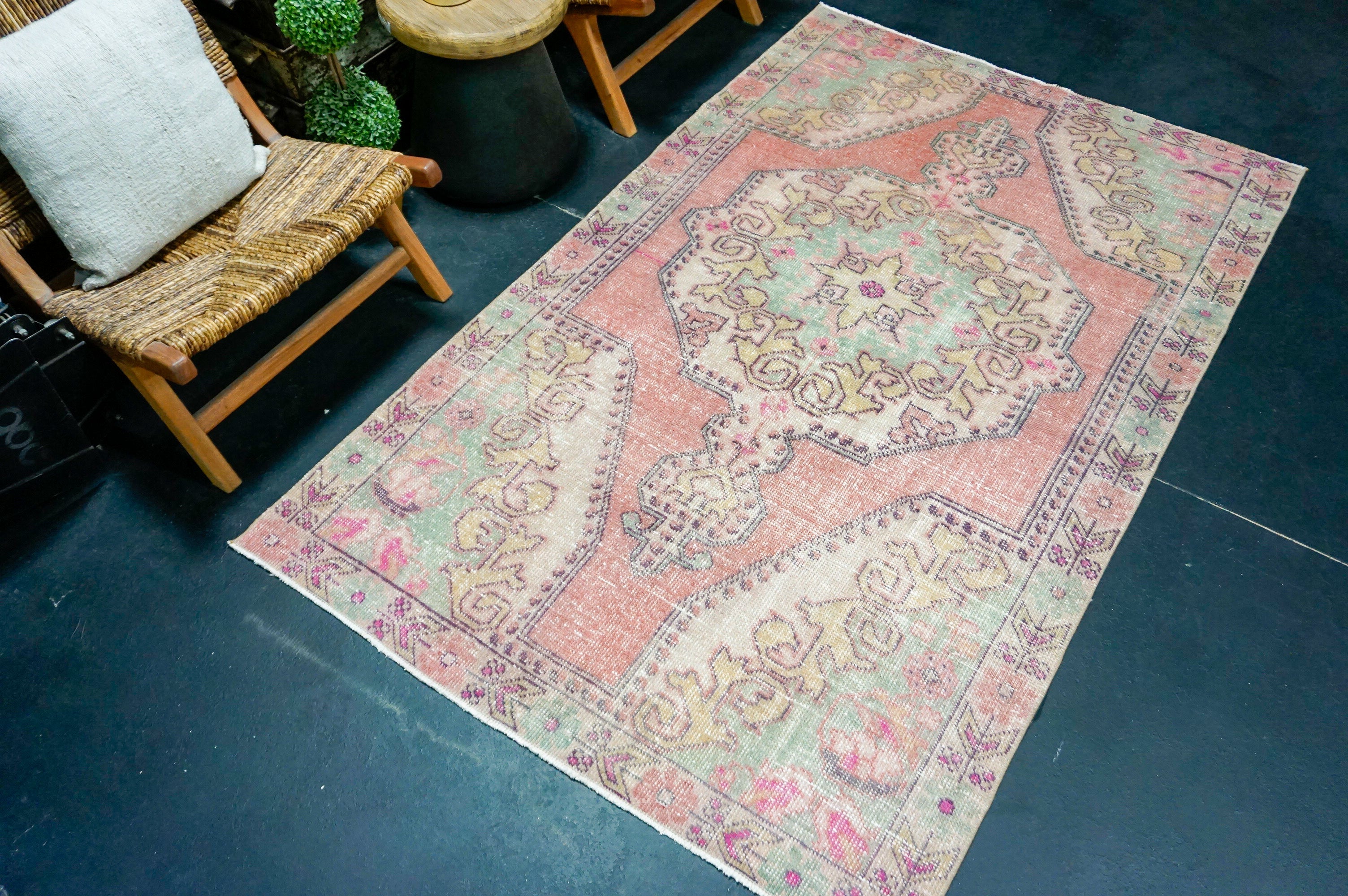 4’5 x 7’2 Vintage Oushak Rug Muted Strawberry Pink, Turquoise & Gray-Mauve '4351 Linda's Barn