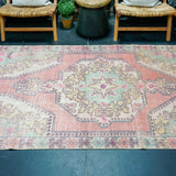 4’5 x 7’2 Vintage Oushak Rug Muted Strawberry Pink, Turquoise & Gray-Mauve '4351