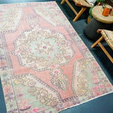 4’5 x 7’2 Vintage Oushak Rug Muted Strawberry Pink, Turquoise & Gray-Mauve '4351