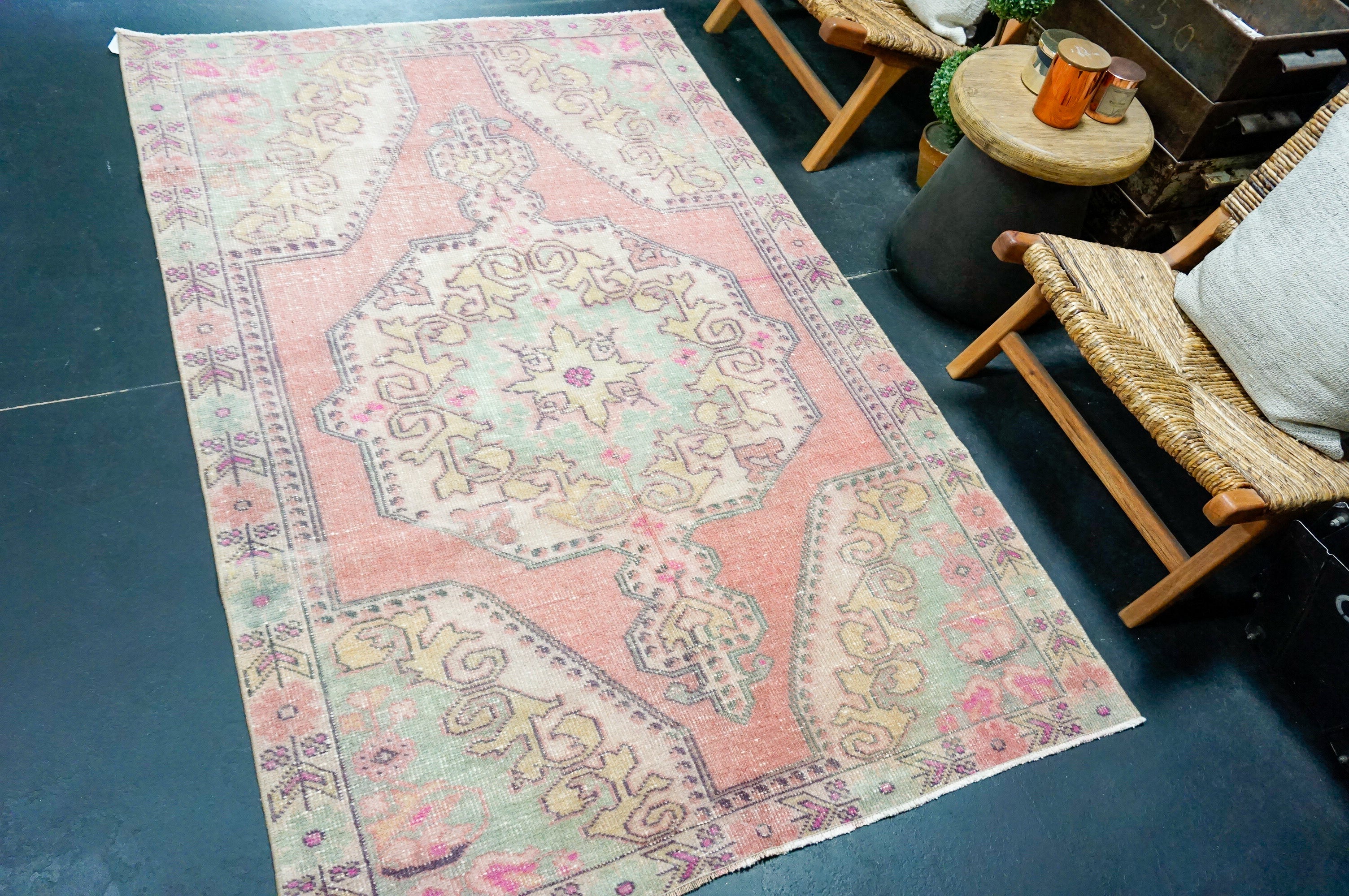 4’5 x 7’2 Vintage Oushak Rug Muted Strawberry Pink, Turquoise & Gray-Mauve '4351 Linda's Barn