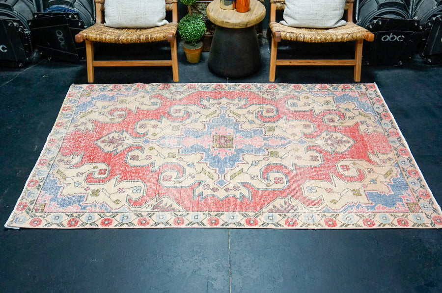 4’2 x 7’ Vintage Oushak Rug Muted Watermelon, Blue & Beige