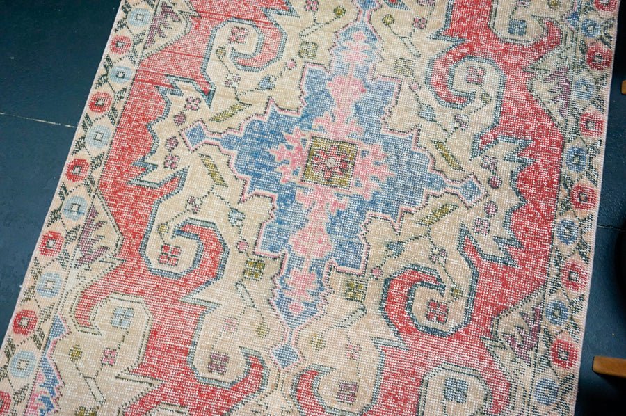 4’2 x 7’ Vintage Oushak Rug Muted Watermelon, Blue & Beige