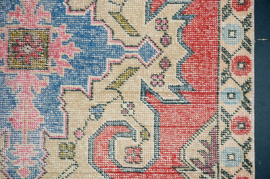 4’2 x 7’ Vintage Oushak Rug Muted Watermelon, Blue & Beige