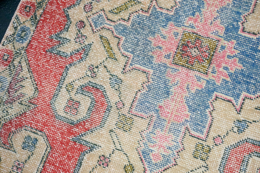 4’2 x 7’ Vintage Oushak Rug Muted Watermelon, Blue & Beige