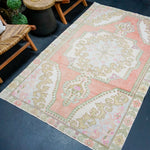 4’4 x 7’3 Vintage Oushak Rug Muted Salmon, Powder Blue & Green '4330 Linda's Barn