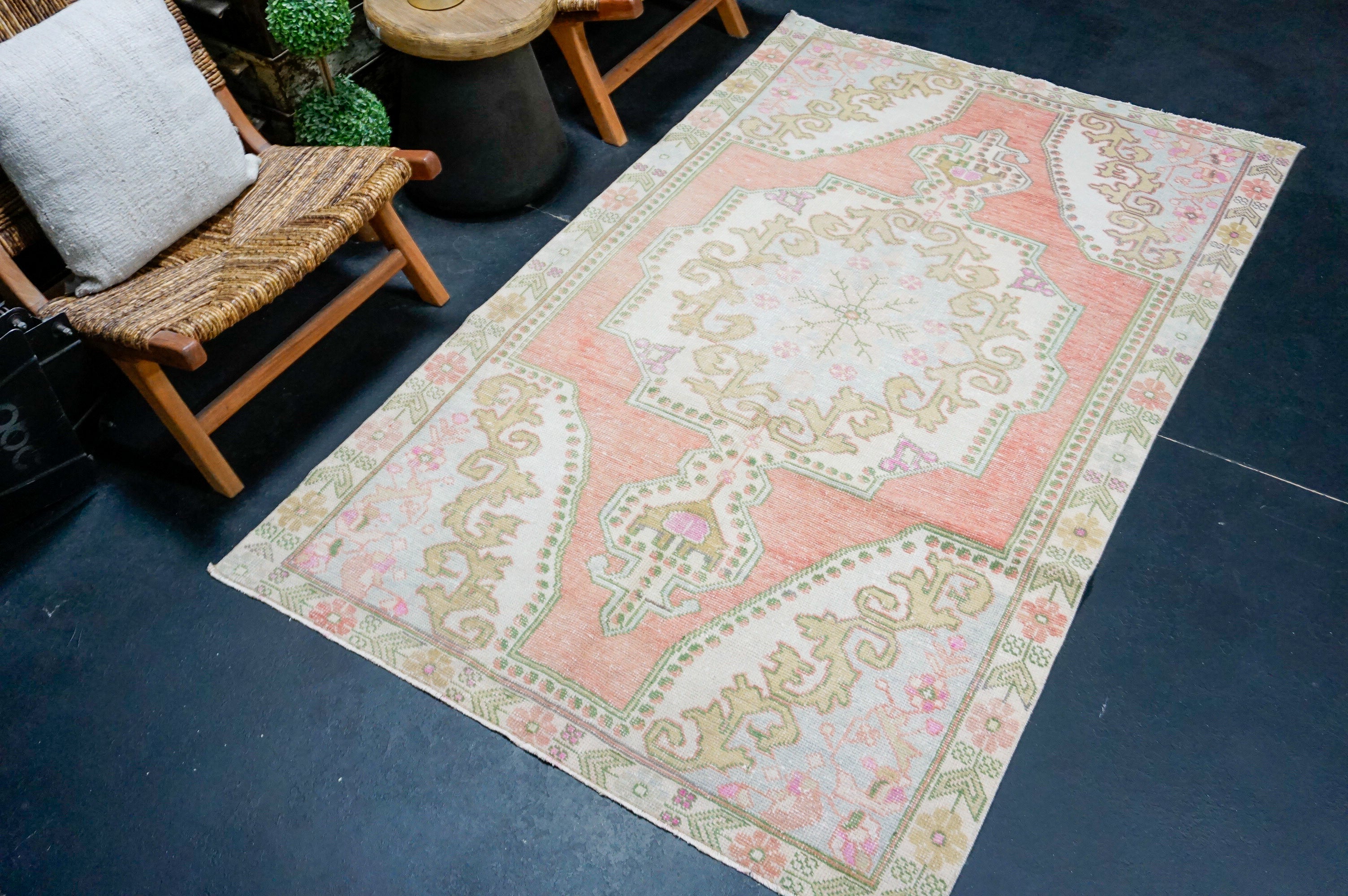 4’4 x 7’3 Vintage Oushak Rug Muted Salmon, Powder Blue & Green '4330 Linda's Barn