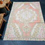 4’4 x 7’3 Vintage Oushak Rug Muted Salmon, Powder Blue & Green '4330 Linda's Barn