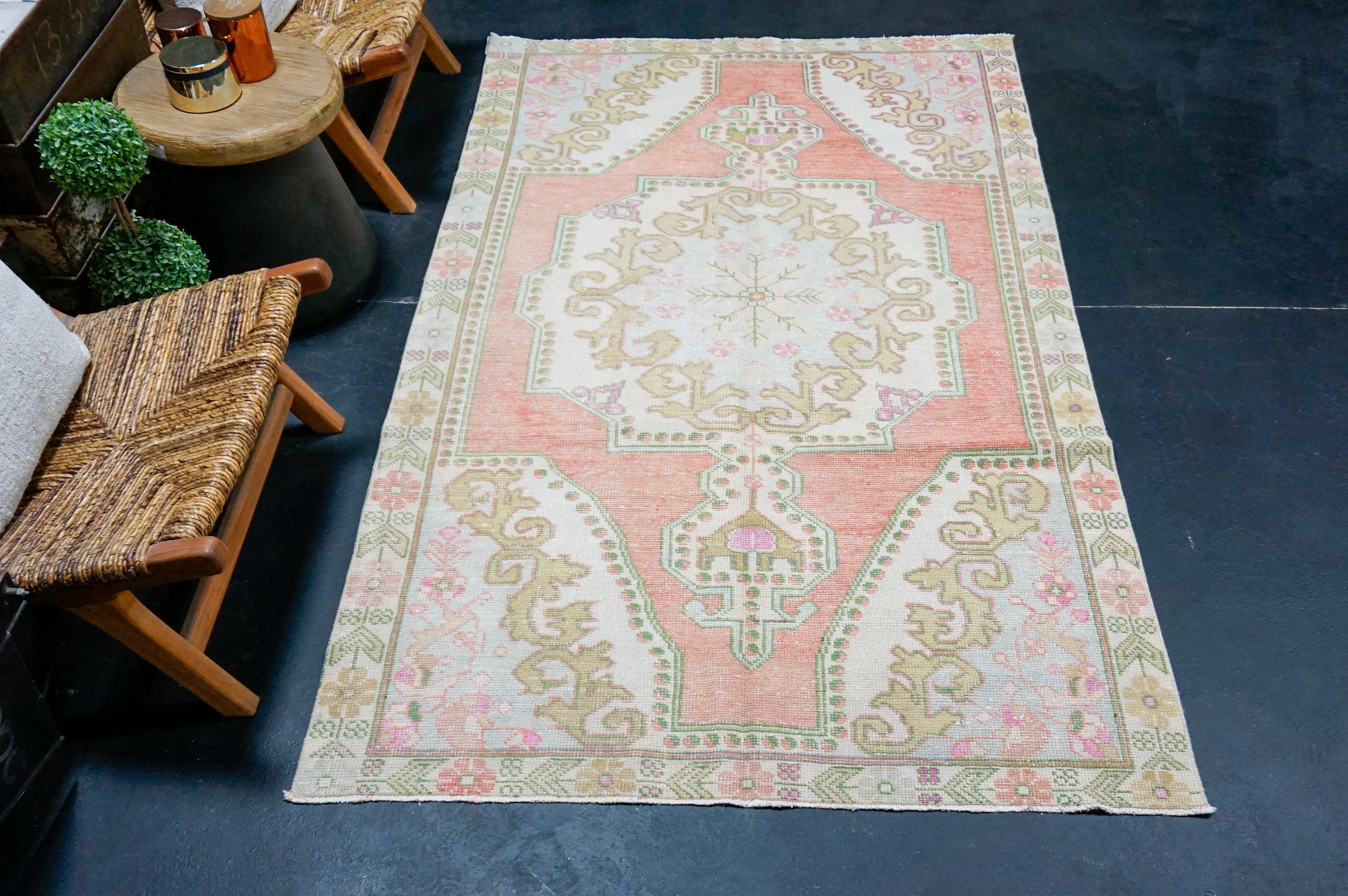 4’4 x 7’3 Vintage Oushak Rug Muted Salmon, Powder Blue & Green '4330 Linda's Barn