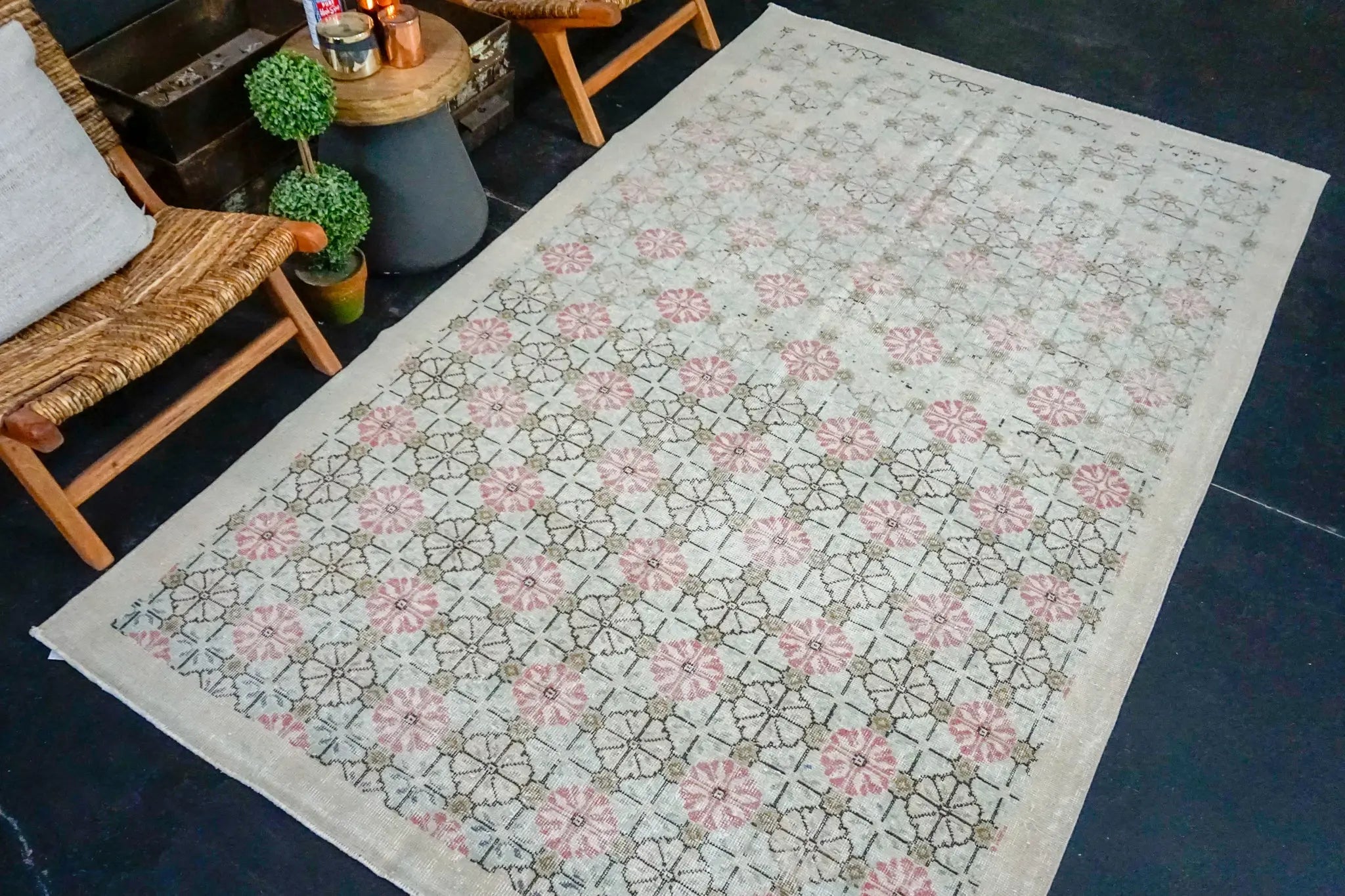 5’6 x 9’ Vintage Oushak Rug Pink + Sea Foam Blue & Sage Carpet '3606 Linda's Barn