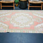 4’4 x 7’3 Vintage Oushak Rug Muted Salmon, Powder Blue & Green '4330 Linda's Barn