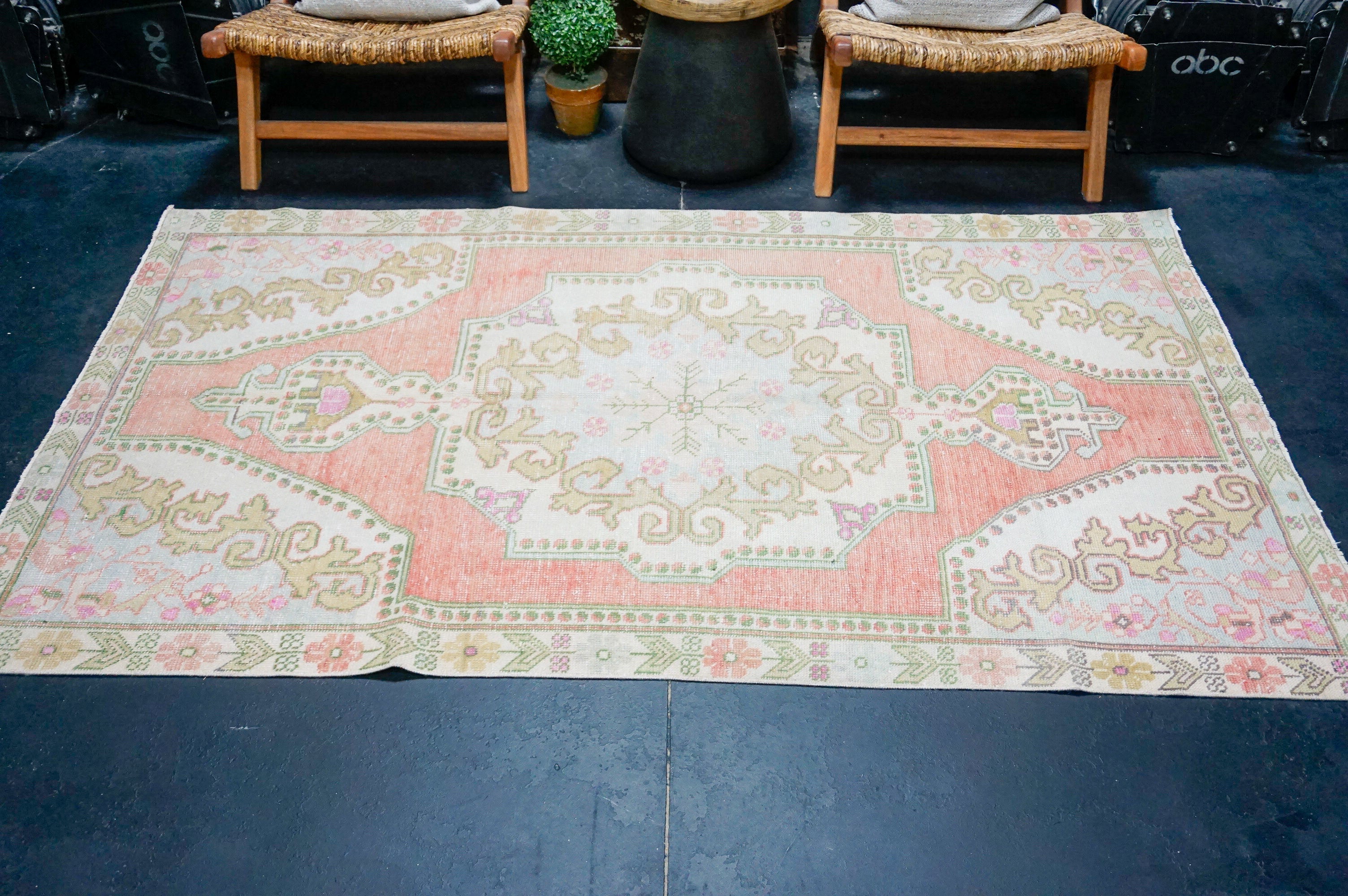 4’4 x 7’3 Vintage Oushak Rug Muted Salmon, Powder Blue & Green '4330 Linda's Barn