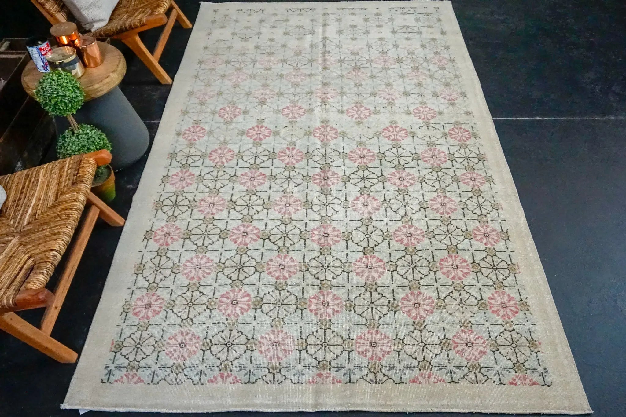 5’6 x 9’ Vintage Oushak Rug Pink + Sea Foam Blue & Sage Carpet '3606 Linda's Barn
