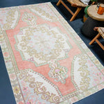 4’4 x 7’3 Vintage Oushak Rug Muted Salmon, Powder Blue & Green '4330 Linda's Barn