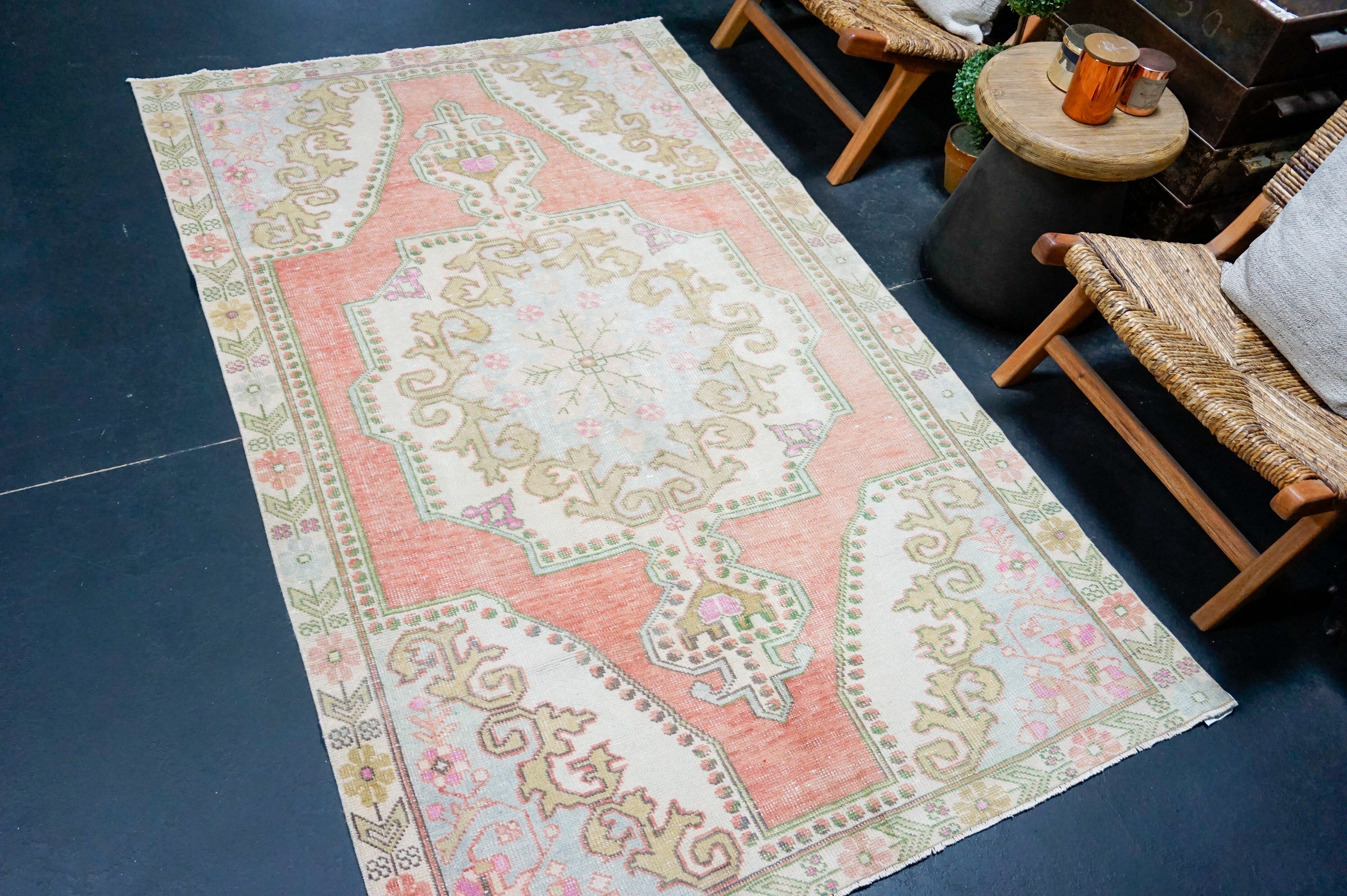 4’4 x 7’3 Vintage Oushak Rug Muted Salmon, Powder Blue & Green '4330 Linda's Barn