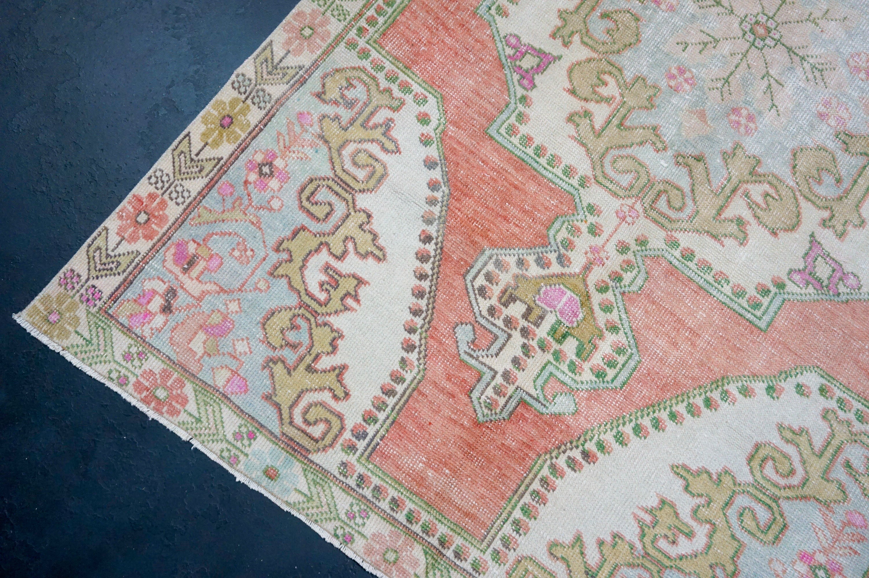 4’4 x 7’3 Vintage Oushak Rug Muted Salmon, Powder Blue & Green '4330 Linda's Barn