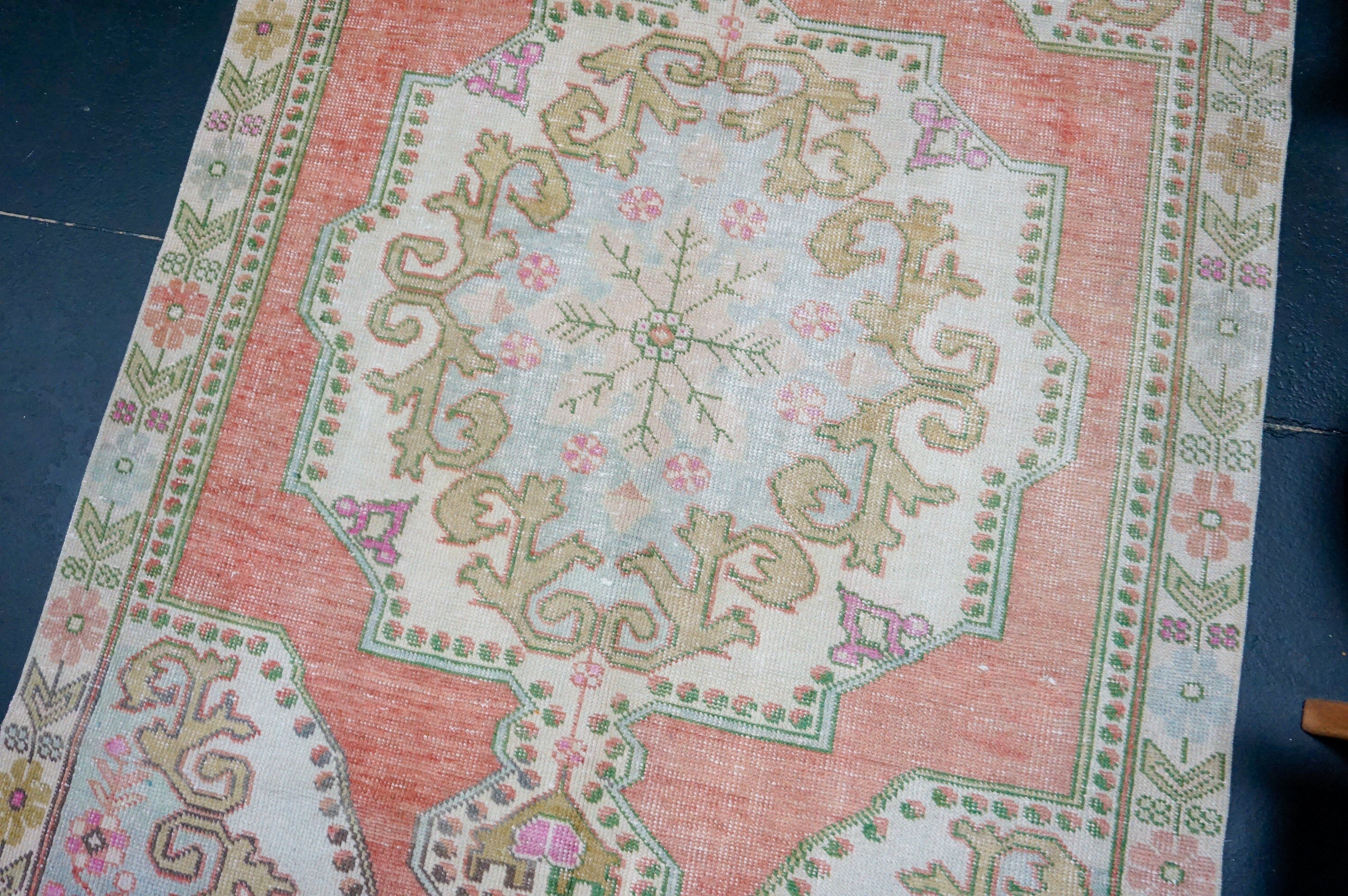 4’4 x 7’3 Vintage Oushak Rug Muted Salmon, Powder Blue & Green '4330 Linda's Barn