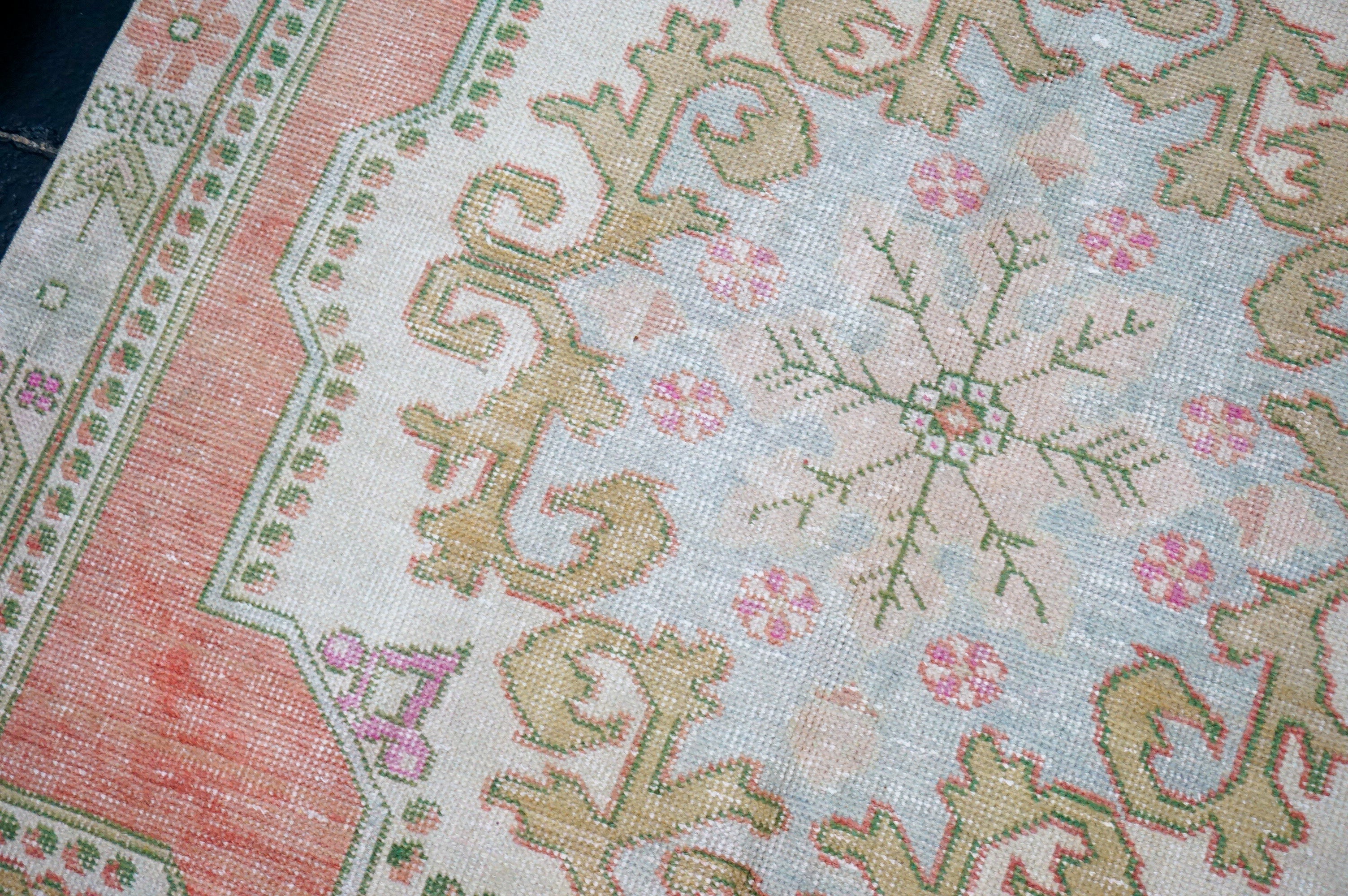 4’4 x 7’3 Vintage Oushak Rug Muted Salmon, Powder Blue & Green '4330 Linda's Barn
