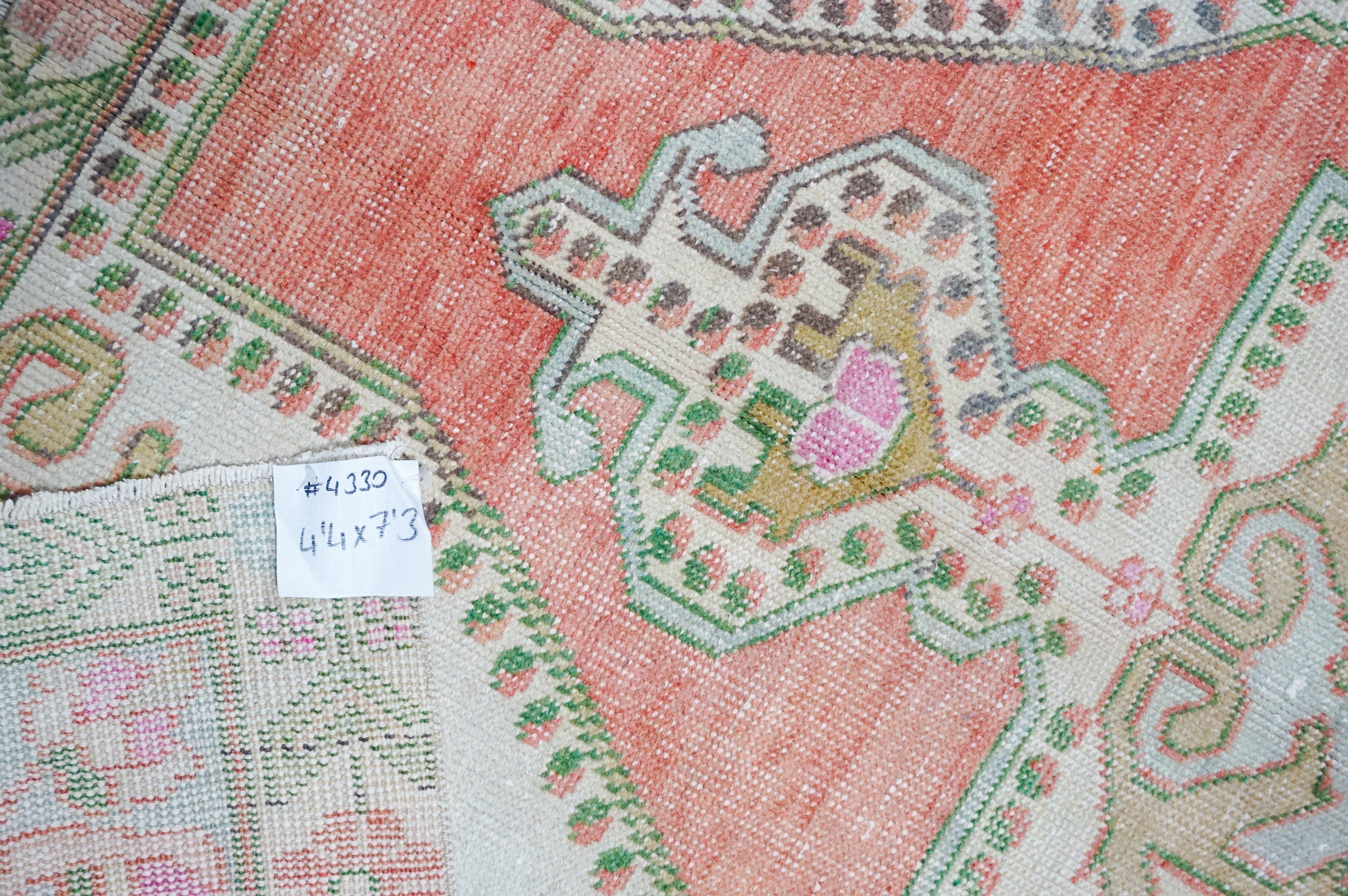 4’4 x 7’3 Vintage Oushak Rug Muted Salmon, Powder Blue & Green '4330 Linda's Barn
