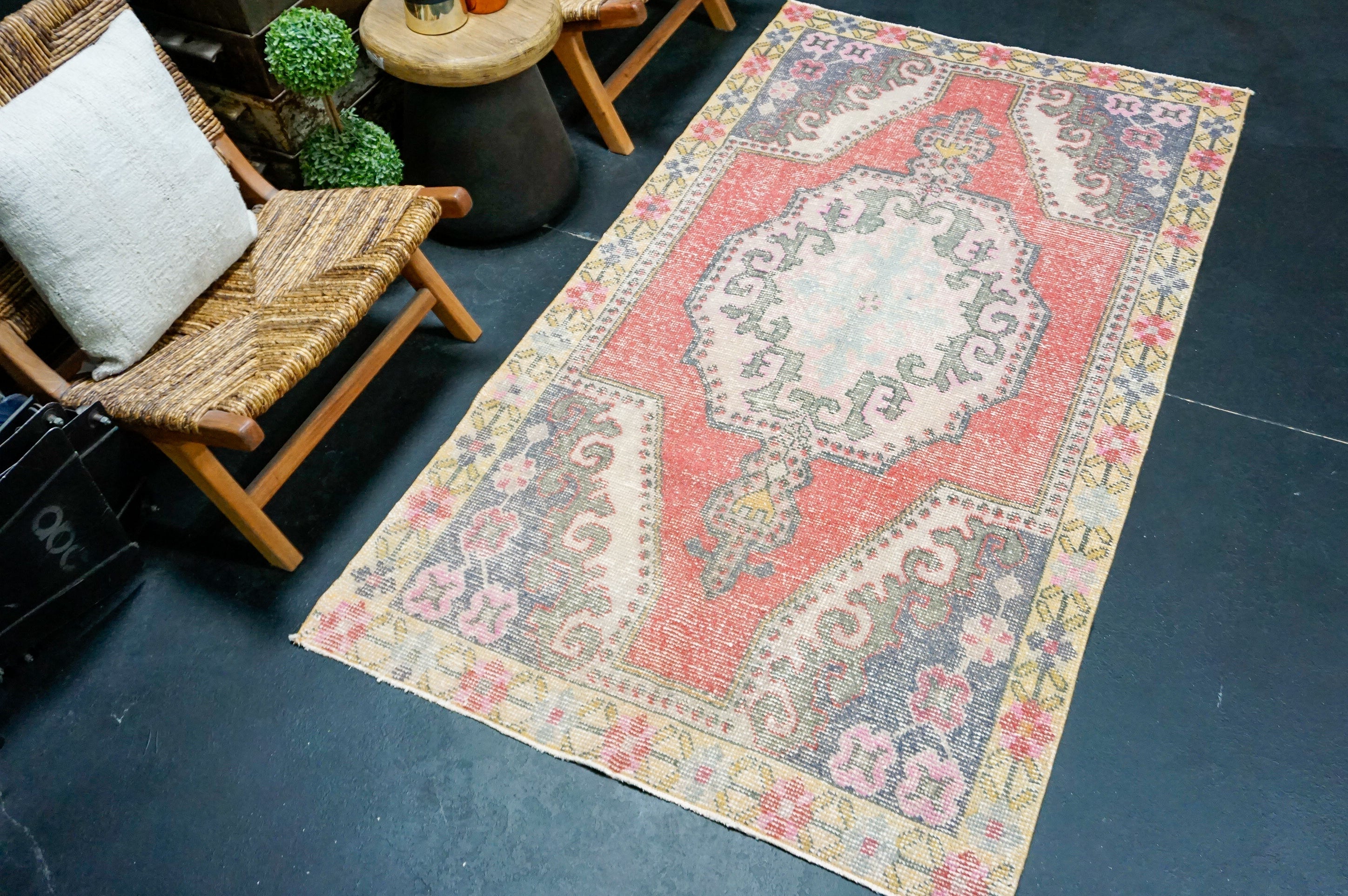 4’ x 7’2 Vintage Oushak Rug Muted Watermelon Red, Blue & Yellow '4332 Linda's Barn