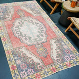 4’ x 7’2 Vintage Oushak Rug Muted Watermelon Red, Blue & Yellow