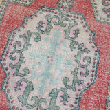 4’ x 7’2 Vintage Oushak Rug Muted Watermelon Red, Blue & Yellow