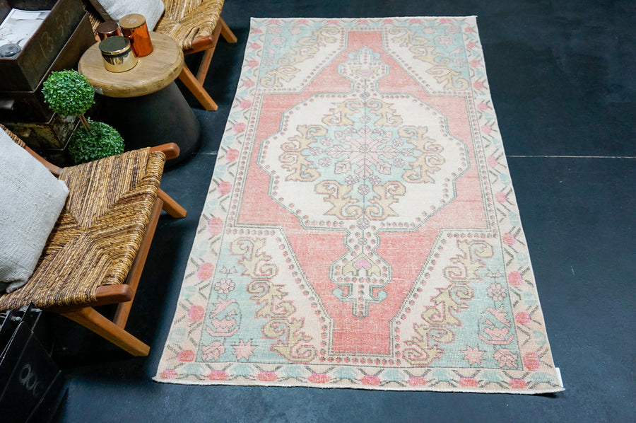 4’2 x 7’5 Vintage Oushak Rug Muted Coral, Aqua Blue & Beige