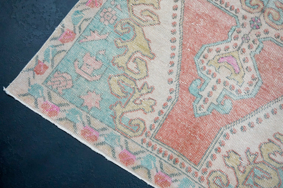 4’2 x 7’5 Vintage Oushak Rug Muted Coral, Aqua Blue & Beige