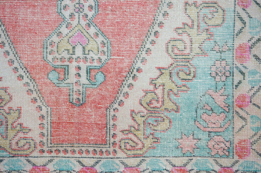 4’2 x 7’5 Vintage Oushak Rug Muted Coral, Aqua Blue & Beige