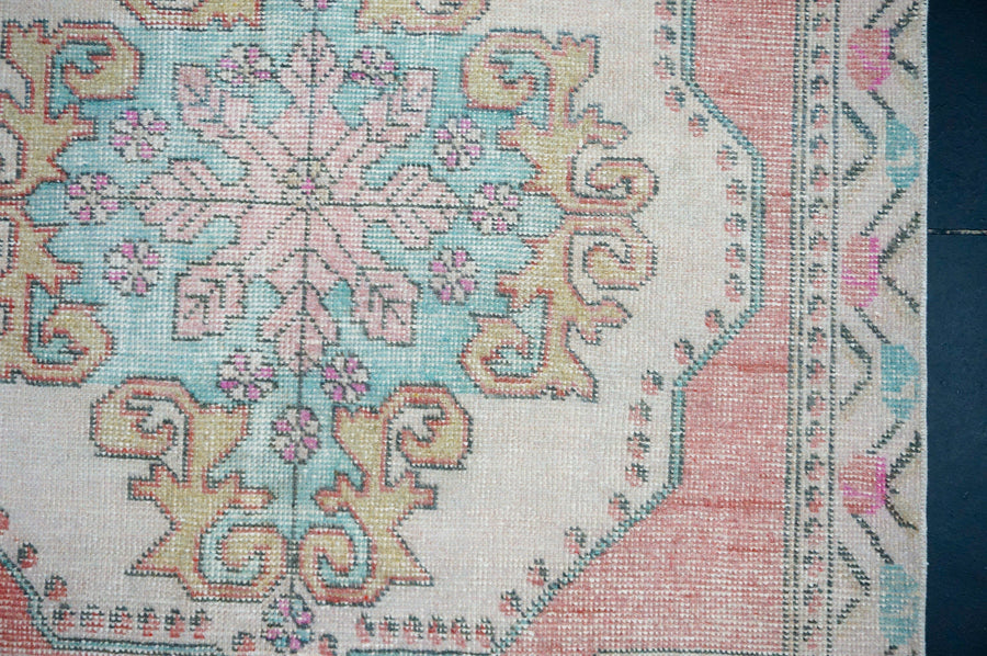 4’2 x 7’5 Vintage Oushak Rug Muted Coral, Aqua Blue & Beige