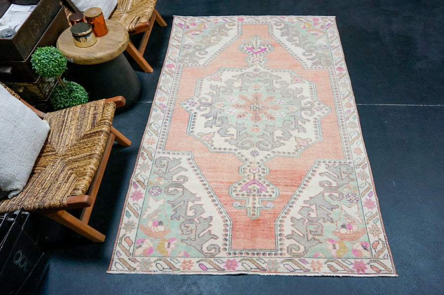 4’4 x 7’3 Vintage Oushak Rug Muted Salmon, Mint Green and Gray