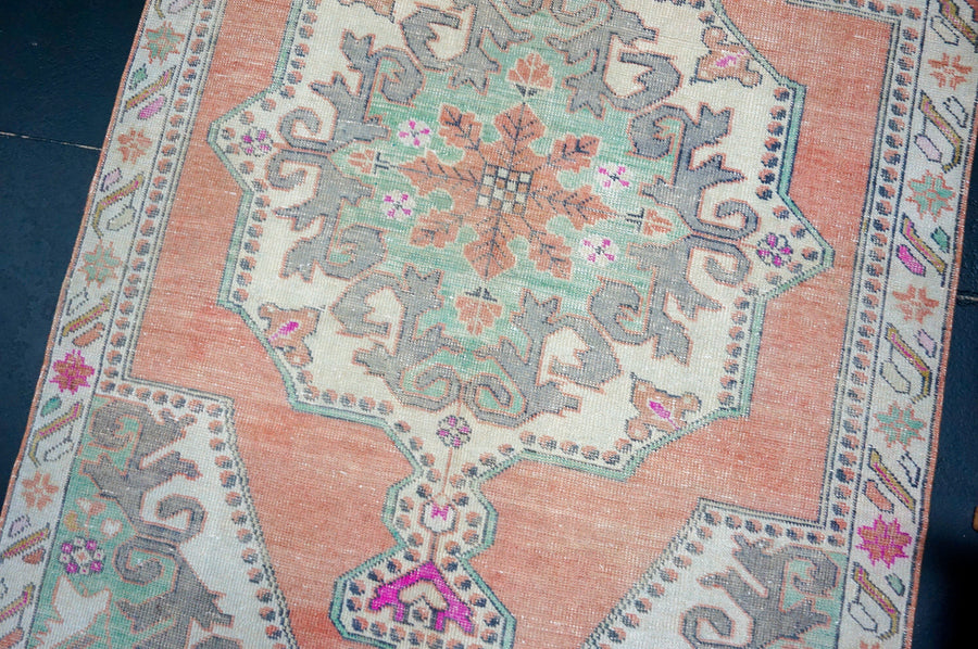 4’4 x 7’3 Vintage Oushak Rug Muted Salmon, Mint Green and Gray