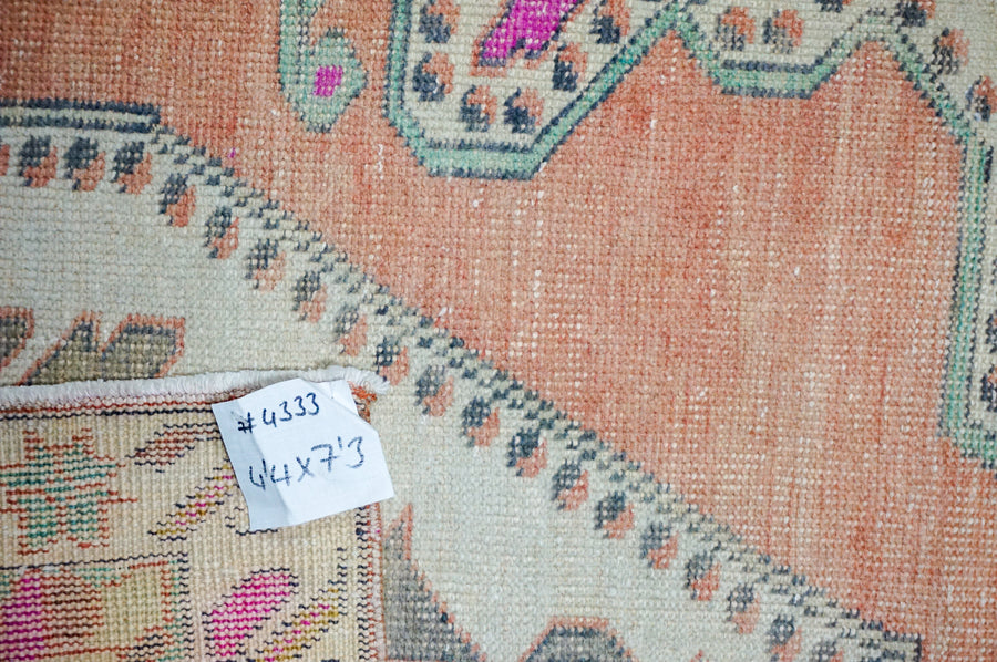 4’4 x 7’3 Vintage Oushak Rug Muted Salmon, Mint Green and Gray