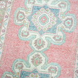 2’8 x 9’1 Vintage Turkish Runner Muted Watermelon Red, Navy and Turquoise Blue