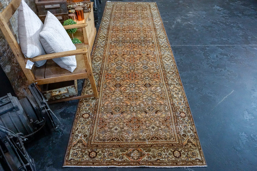 3’9 x 12’11 Persian Malayer Runner Brown, Apricot and Cream